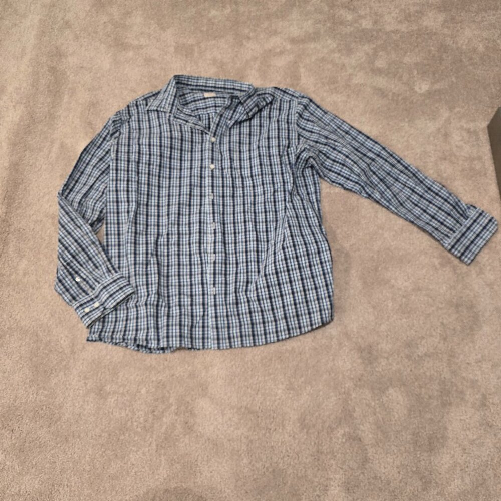 Merona Men's Long Sleeve Blue Checked Cotton Button Down Shirt | 2XL